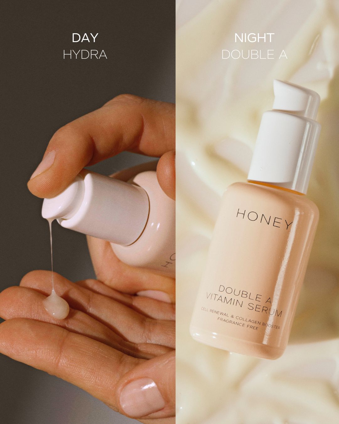 Hand holding bottle with white cap containing Honey hydra serum and bottle with Double A-vitamin serum